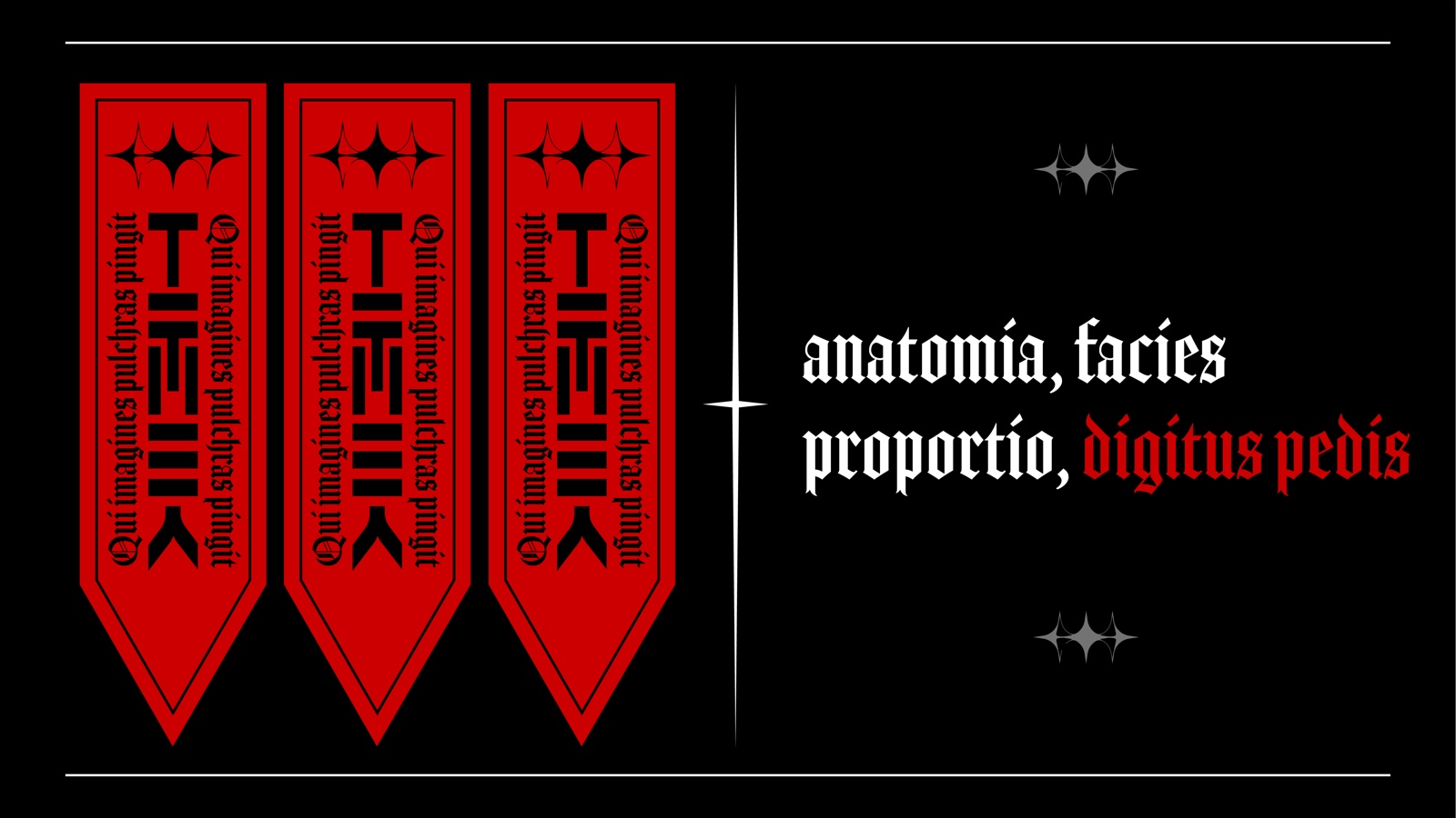 Liturgy-mode application — three red hanging banners with the HellK mark and blackletter Latin motto on black