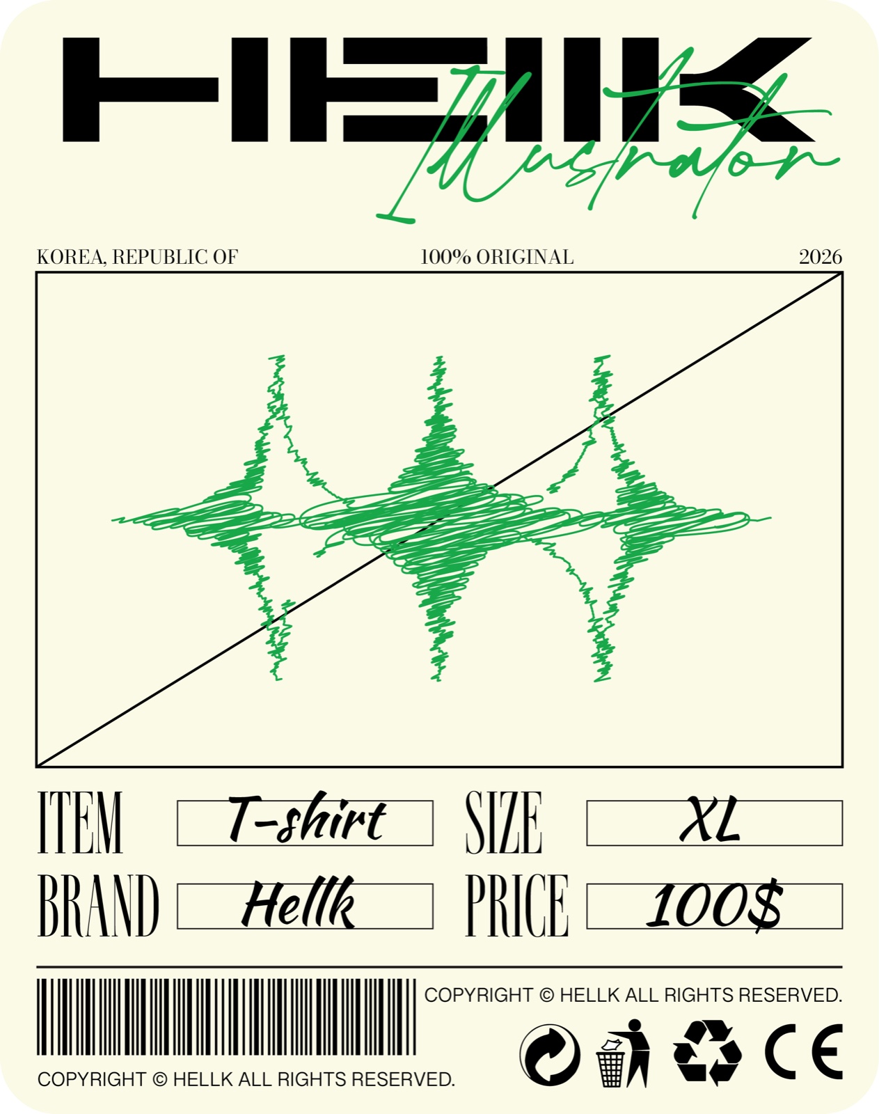 Street-mode application — bone-cream garment tag with acid-green scribbled mark, barcode, and care icons