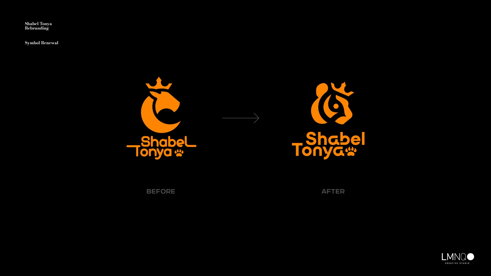 Symbol renewal — before: crescent badge with cat head and small crown; after: fused crowned-cat monogram with a refined wordmark