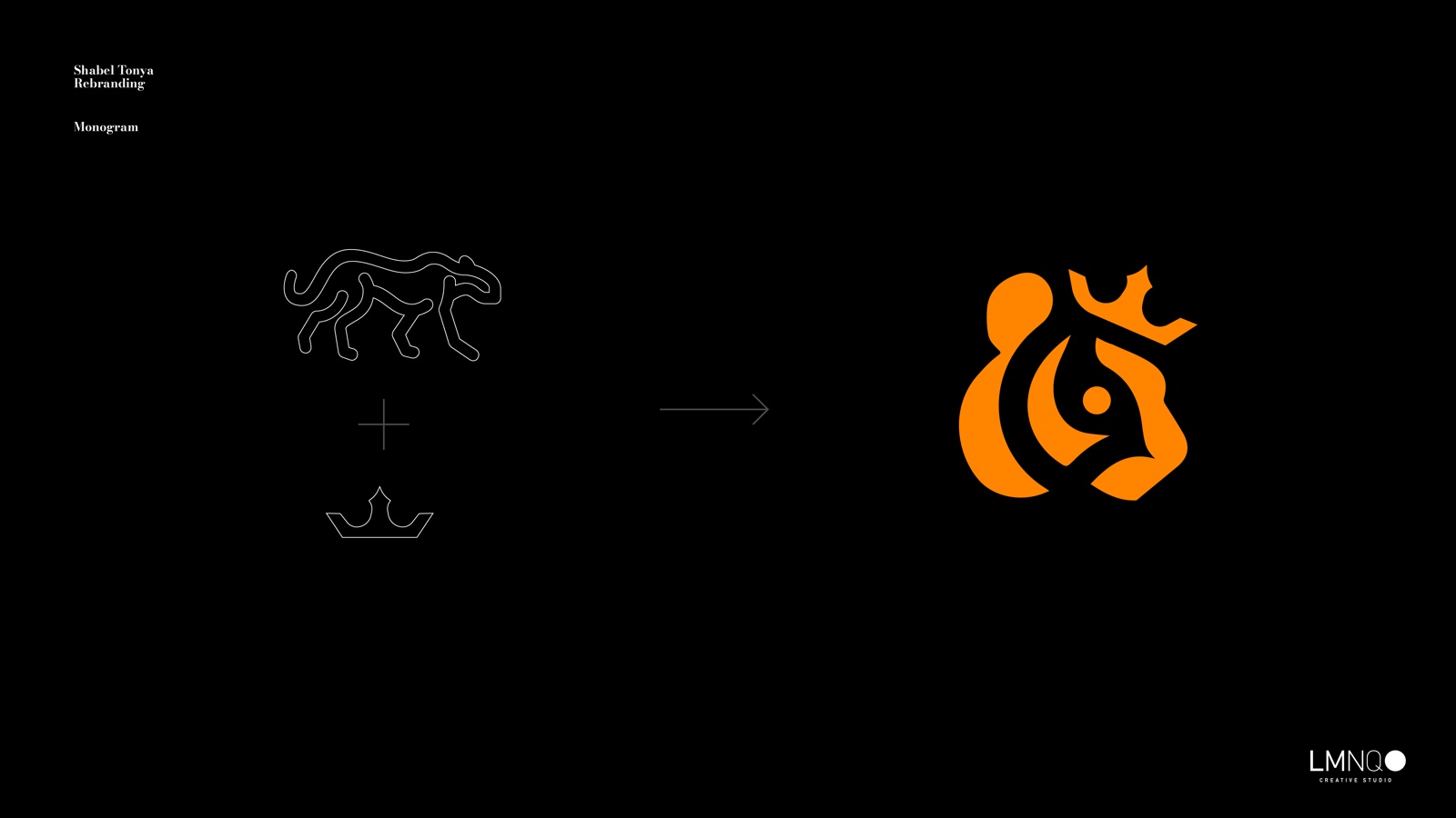 Monogram construction — a walking snow leopard outline plus a crown merge into the final solid monogram