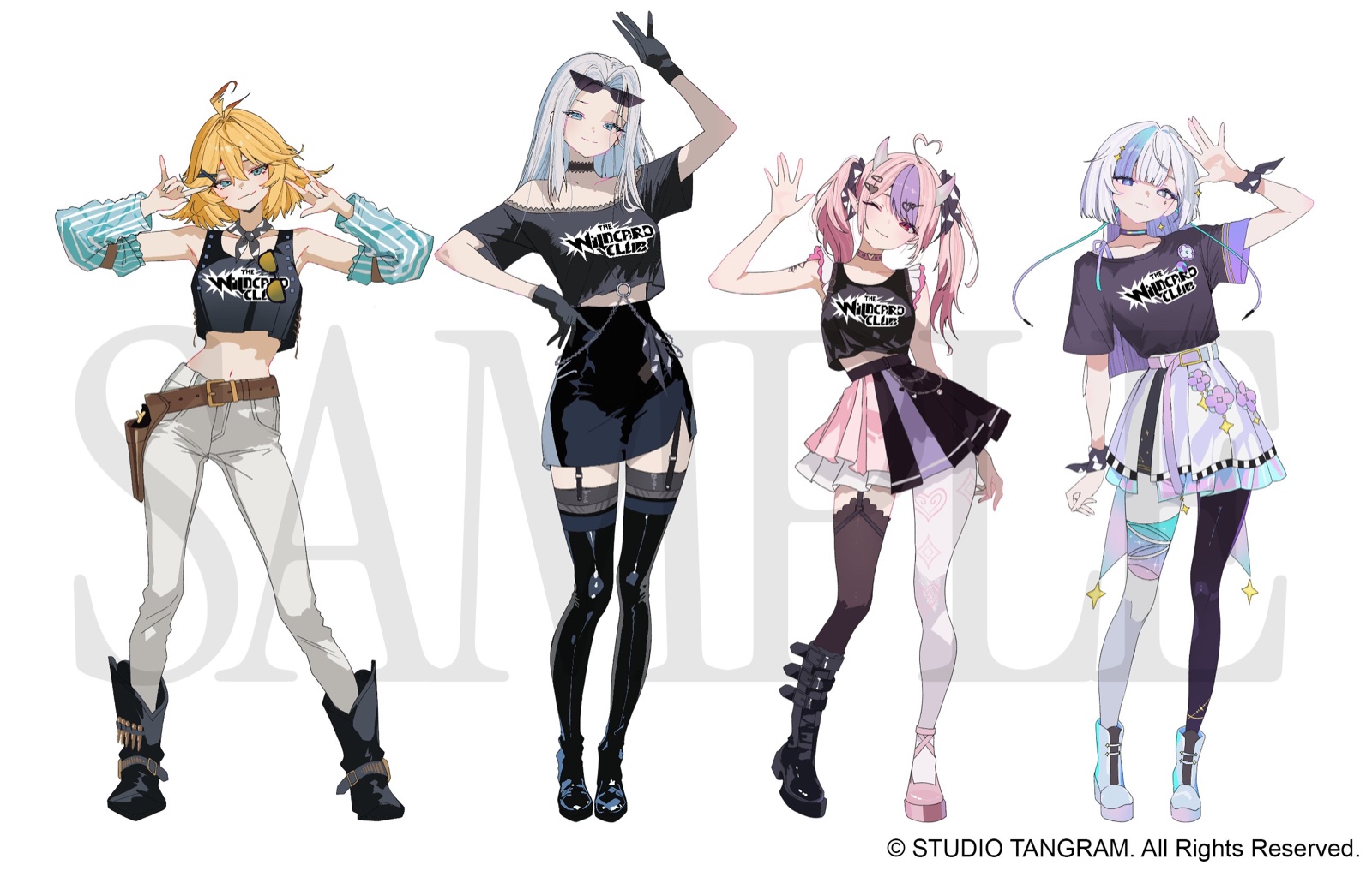 Official standing illustrations of the four Wildcard Club captains — Ironmouse, Dokibird, AmaLee, and Rin Penrose — full-body in club-tee outfits, posed waving